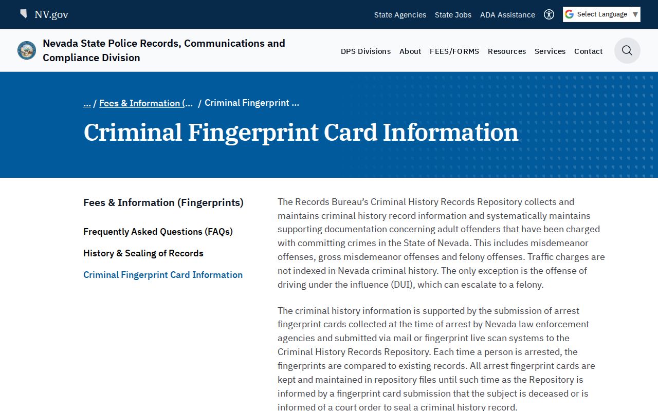 Carson City arrest fingerprint records at Nevada RCCD