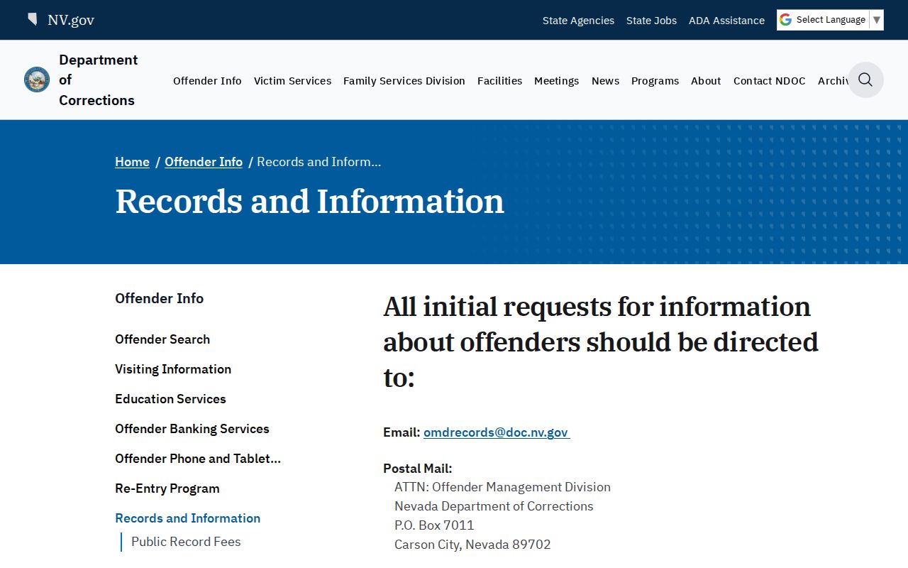Carson City criminal records route to Nevada corrections information