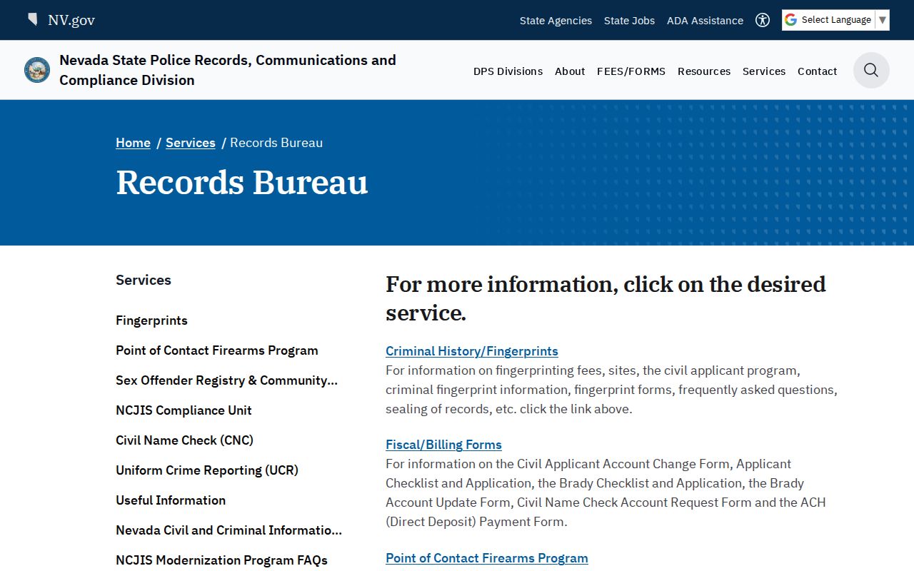 Carson City criminal history view of Nevada Records Bureau services
